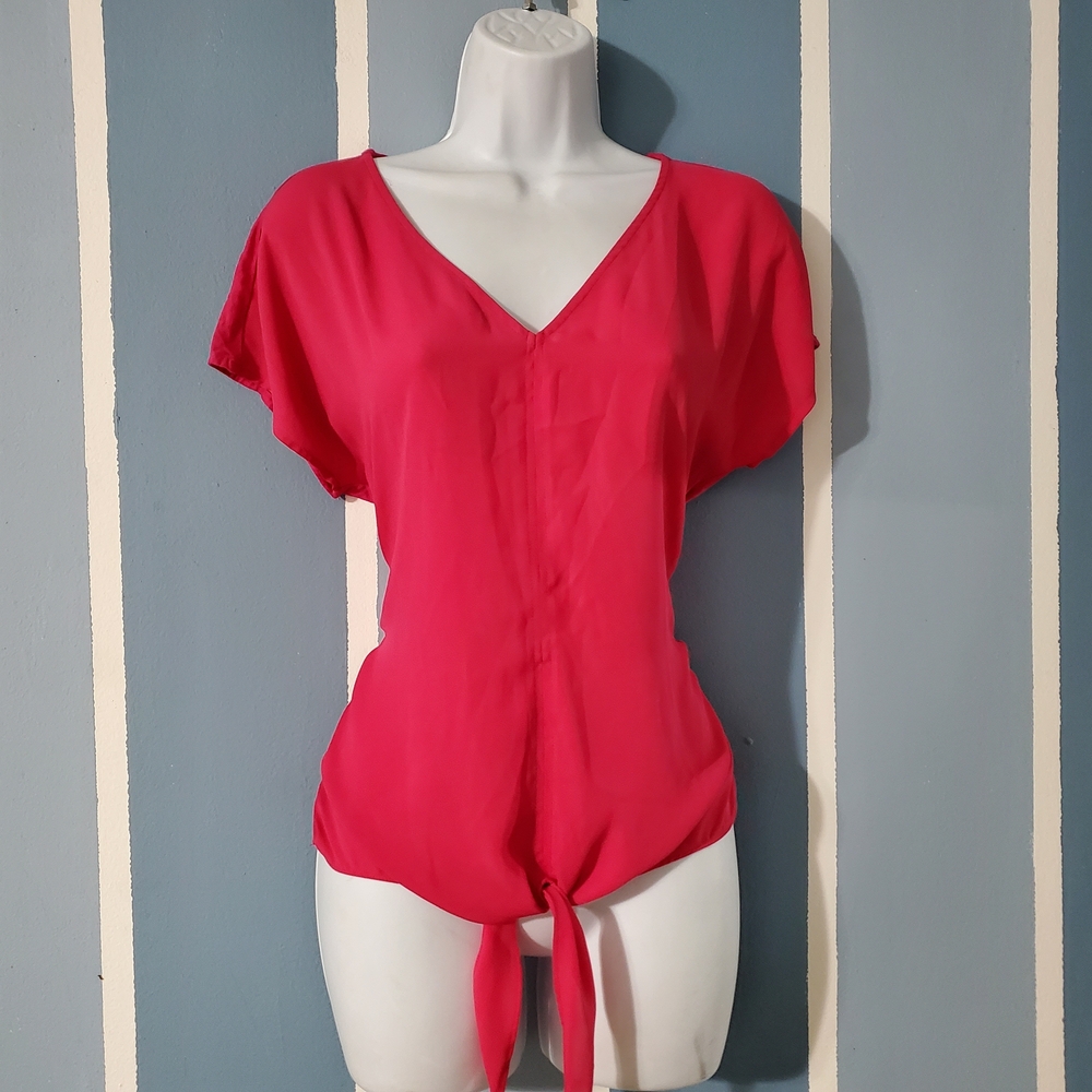 INC International Concepts V-Neck Tie-Front Blouse in Bright Pink